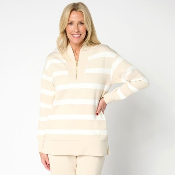 NWOT Belle by Kim Gravel Women's Top Sz L Regular ScubaLuxe Sandbar & White - Picture 1 of 1